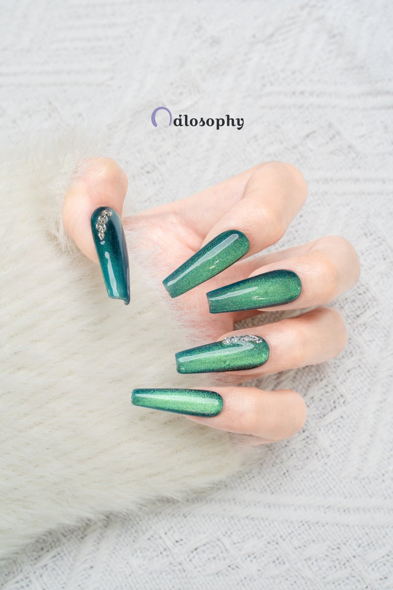 Nailosophy Handmade Gel Press-on Nails Emerald Green Cat-Eye with Rhinestones | Coffin Shape - Image 3
